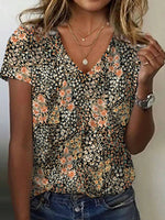 Floral Print V-neck Short Sleeve Casual Loose T-Shirt