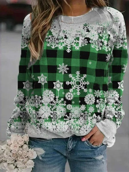 Christmas Snowflake Print O-neck Long Sleeves Sweatshirt