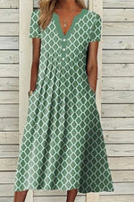 Geometric Print V-neck Short Sleeve Midi Dress
