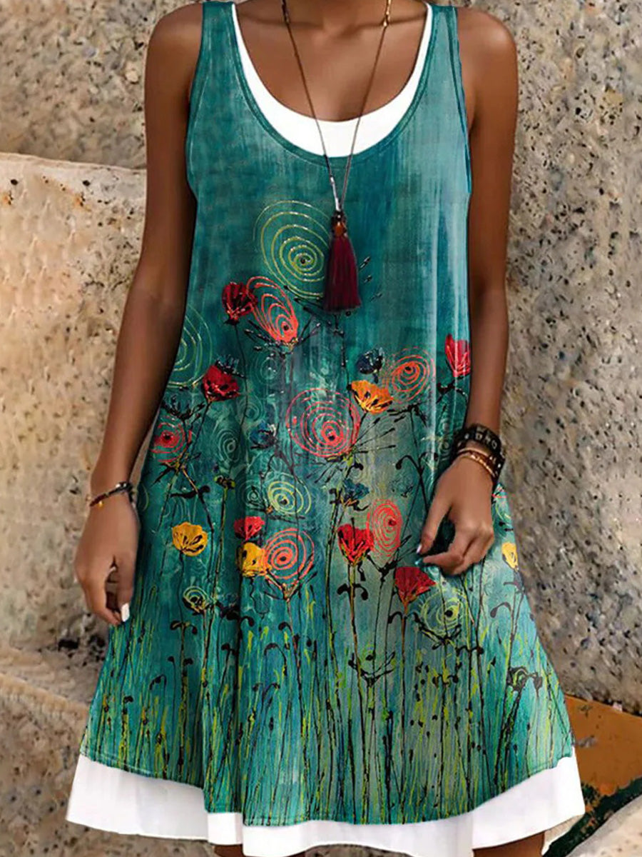 Floral Round Neck Sleeveless Casual Fake Two-piece Mini Dress