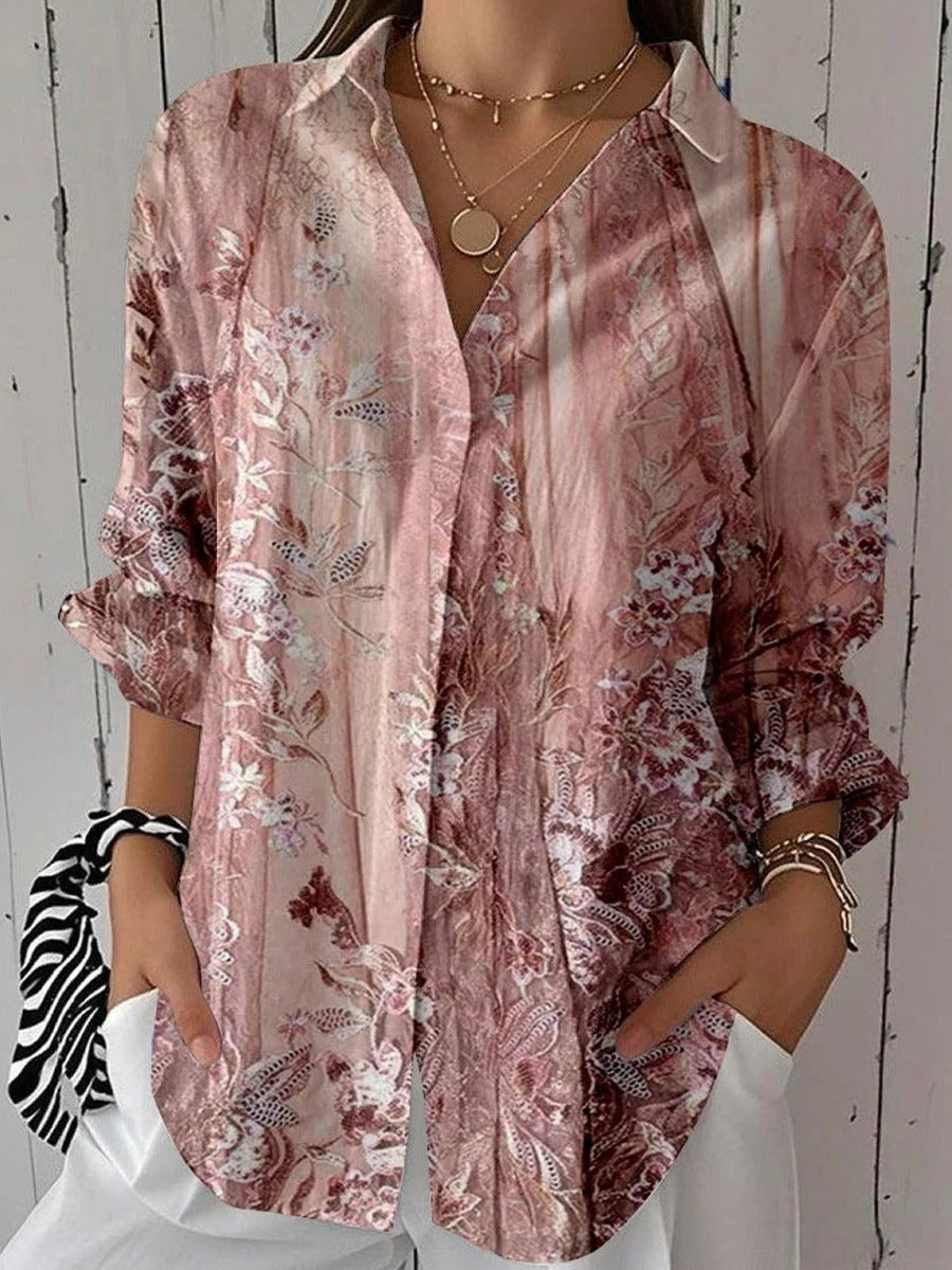 Pink Floral Printed V-neck 3/4 Sleeve Tops