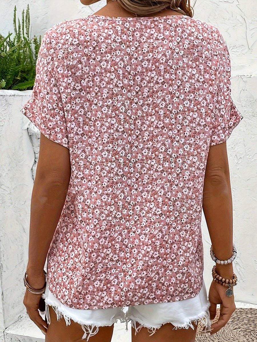Ditsy Floral Notched Short Sleeve Casual Daily Blouse