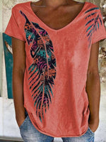 Leaf Print V-neck Short Sleeve Loose Casual T-Shirt