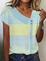 Plaid Asymmetric Neck Short Sleeve Casual T-shirt