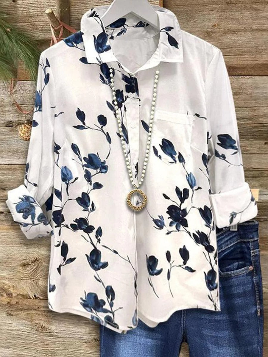 White Lapel Long Sleeve Tops