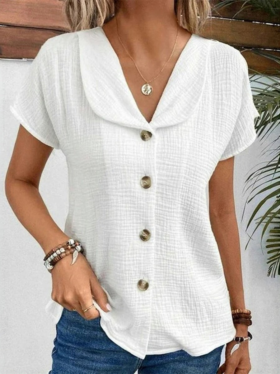 Solid White Lapel Short Sleeve Blouse