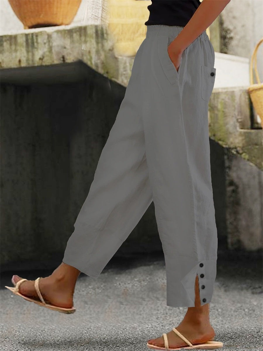 Plain Elastic Waist Buttoned Casual Loose Pants