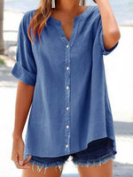 Solid Color V-neck Short Sleeve Casual Loose Blouse