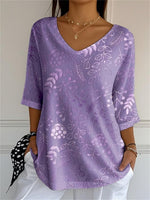 Purple Floral Print V-Neck 3/4 Sleeve T-Shirt