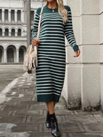 Elegant Striped Crew Neck Long Sleeve Knit Bodycon Midi Dress