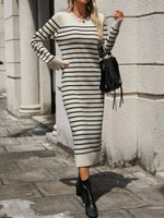 Elegant Striped Crew Neck Long Sleeve Knit Bodycon Midi Dress