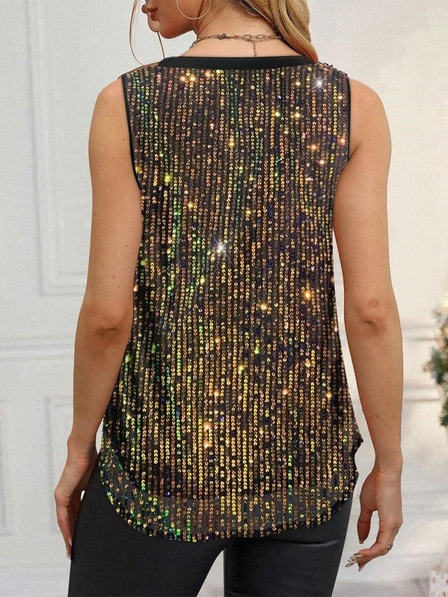 Sequin Print V-neck Sleeveless Tank Tops