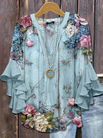 Fresh Floral Print V-neck Ruffle Half Sleeve Casual Loose Blouse