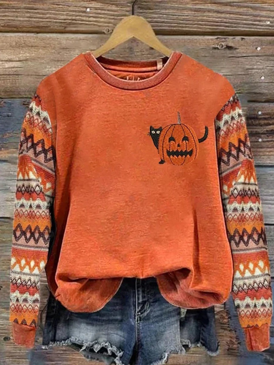 Halloween Pumpkin Print Round Neck Long Sleeve Comfy Sweatshirt