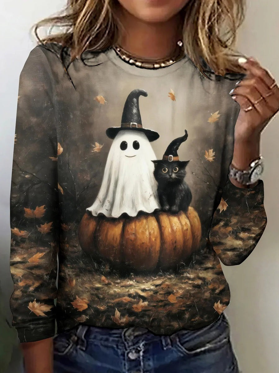 Halloween Cute Ghost Print Crew Neck Long Sleeve Casual T-shirt