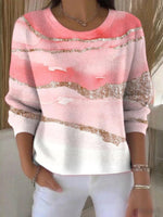 Glitter Stripe Sweet Pink Gradient Print Round Neck Long Sleeve Comfy Sweater