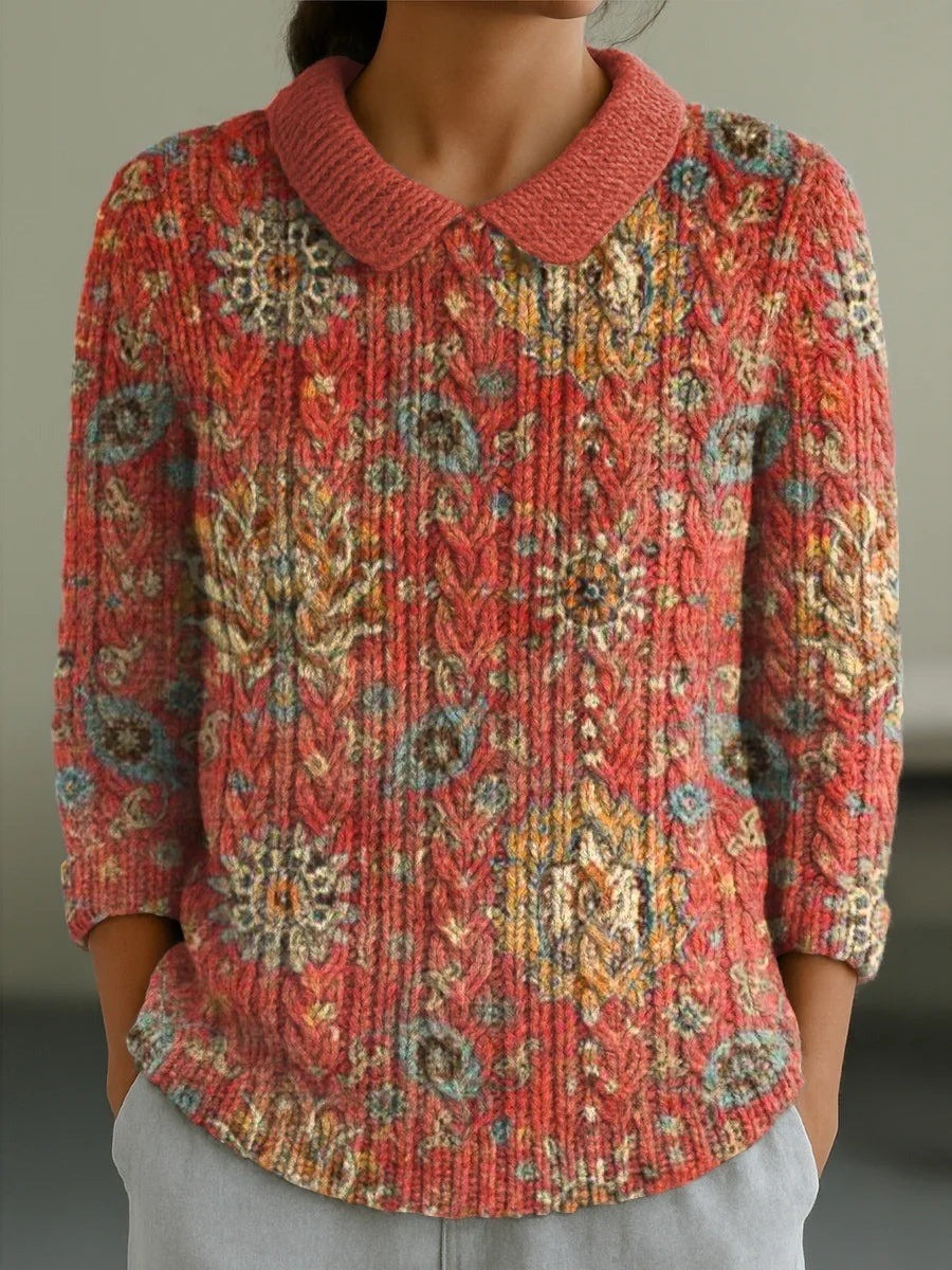 Ethnic Pattern Lapel 3/4 Sleeve Casual Sweater