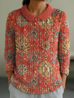 Ethnic Pattern Lapel 3/4 Sleeve Casual Sweater
