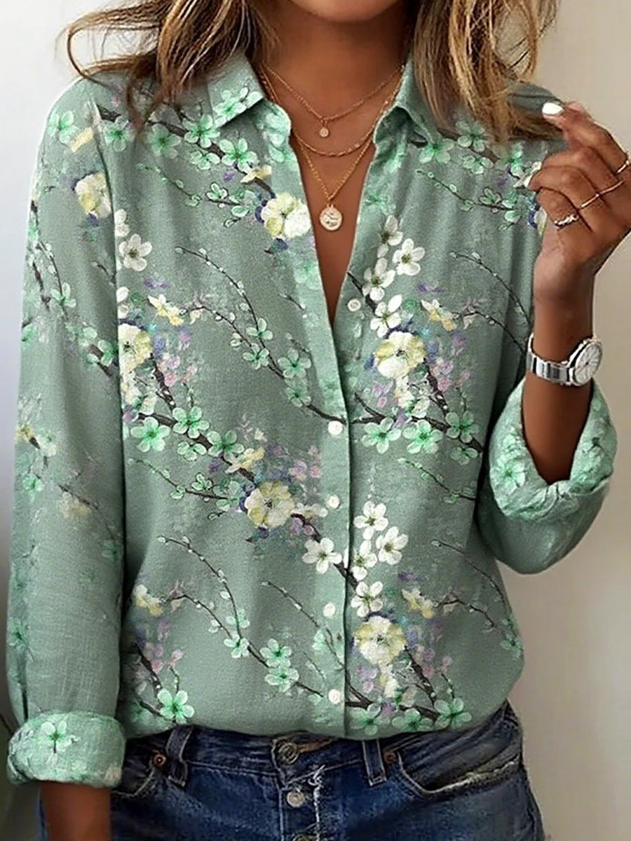 Chic Floral Print Collared Long Sleeve Casual Shirt