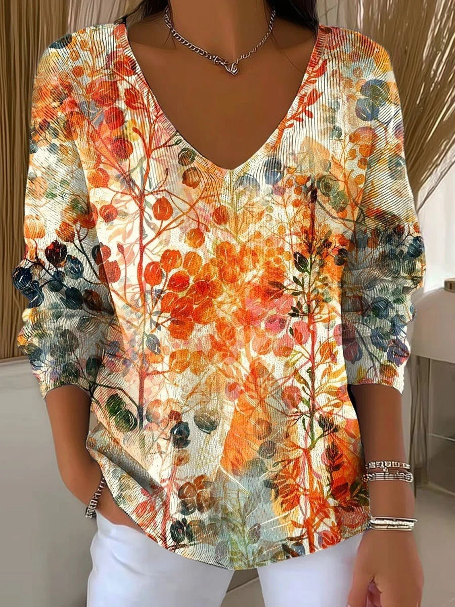 Autumn Leaves Print V-neck Long Sleeve Casual Loose Sweater