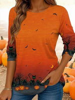 Halloween Cat Printed Round Neck Long Sleeve Casual T-shirt