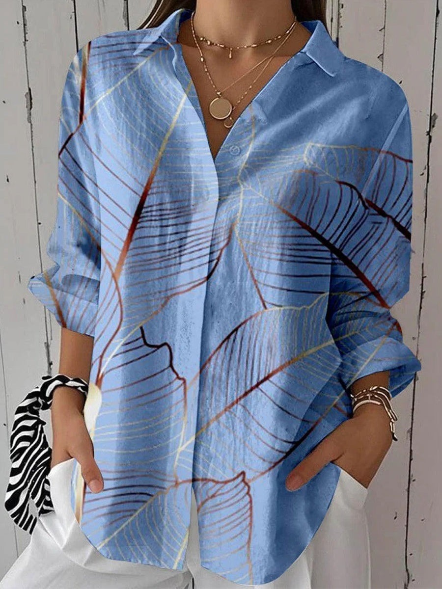Chic Leaf Print Lapel 3/4 Sleeve Casual Shirt