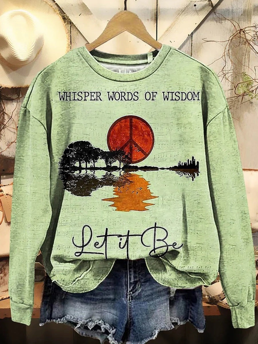 Let It Be Graphic with Sun and Tree Print-Cozy Crew Neck Long Sleeve Casual Sweatshirt