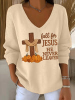 Fall for Jesus Pumpkin Cross Print V-Neck Long Sleeve Autumn Sweater