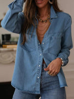 Basic Plain Lapel Long Sleeve Casual Denim Shirt