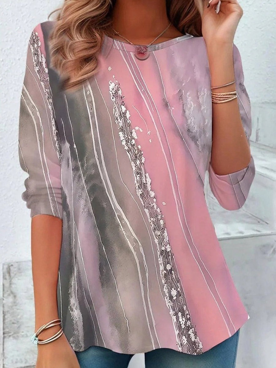 Sweet Pink Abstract Print Round Neck Long Sleeve Casual T-shirt
