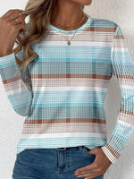 Breezy Plaid Striped Print Crew Neck Long Sleeve Casual Blouse