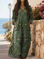 Art Print Long Sleeve Casual Cotton Maxi Dress