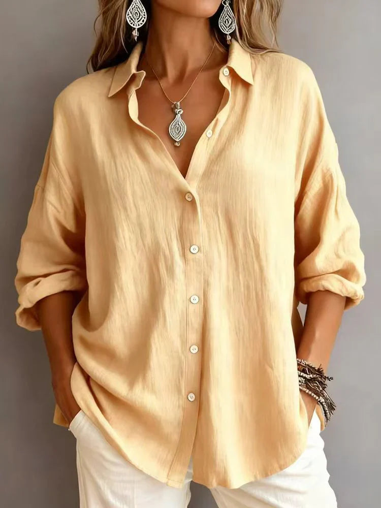Plain Pattern Long Sleeve Cotton And Linen Polo Shirt