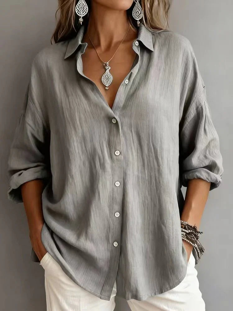 Plain Pattern Long Sleeve Cotton And Linen Polo Shirt