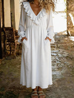Solid Color V-neck Ruffled Long Sleeve Casual Loose Maxi Dress
