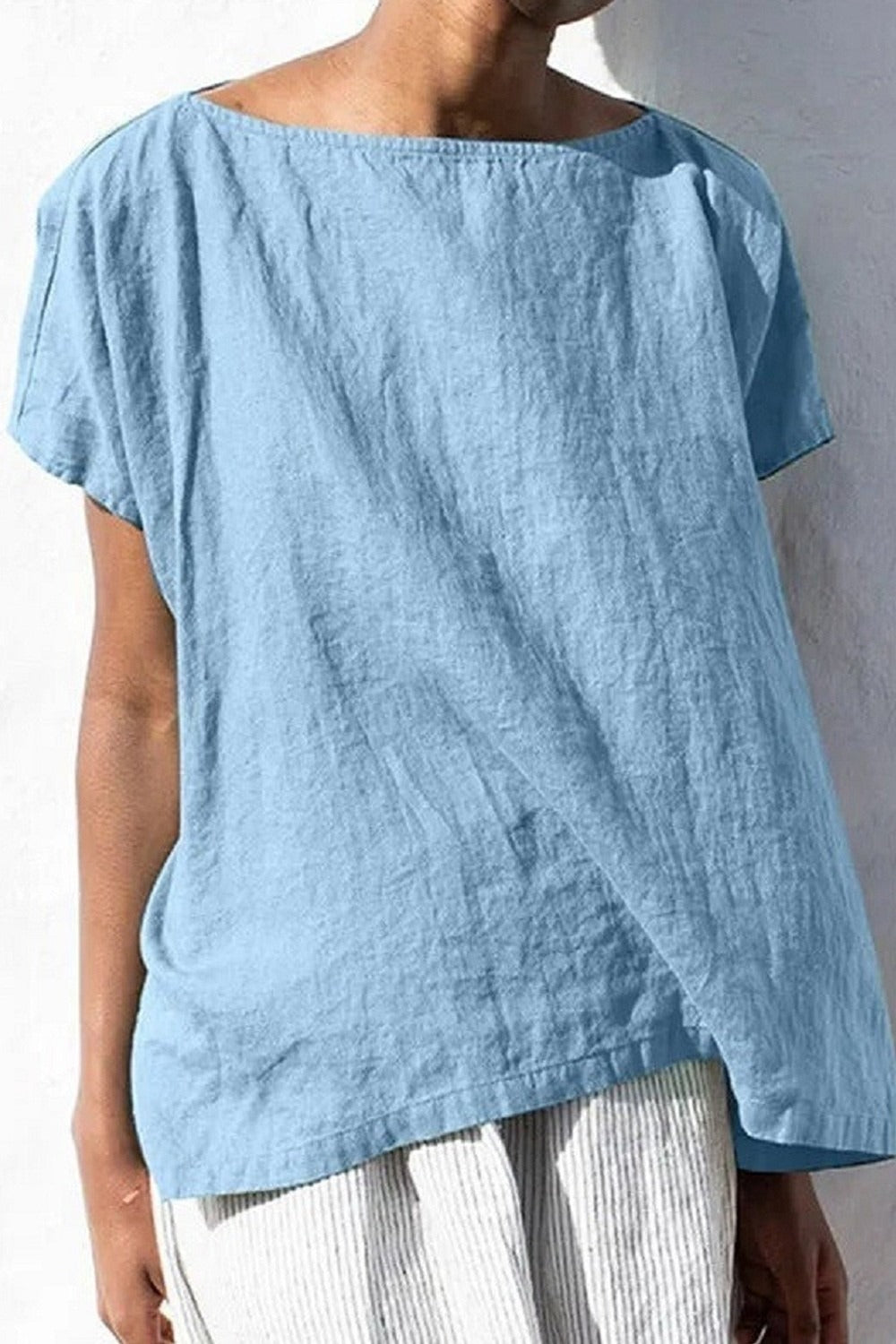 Solid Color Crew Neck Short Sleeve Blouse