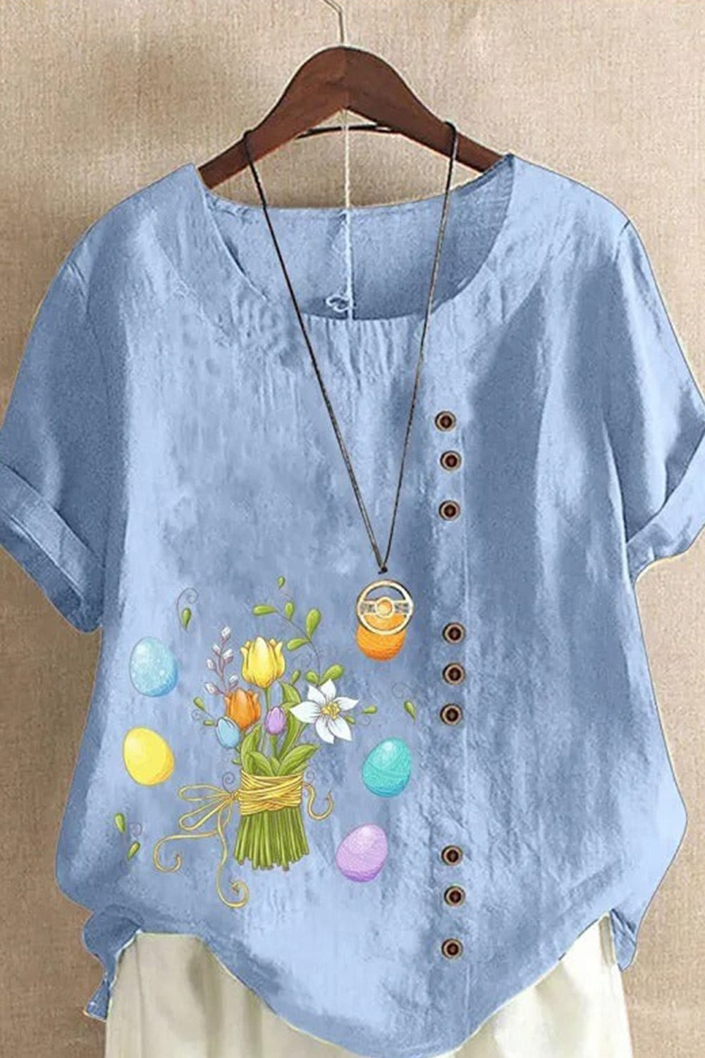 Round Neck Floral Print with Button Short Sleeves Casual Blouse