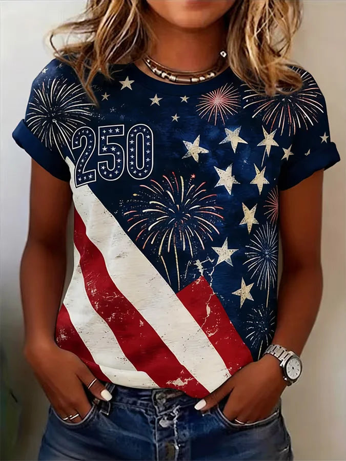 Women Independence Day (Flag) Short Sleeve Tee T-shirt Crew Neck Printing Casual Graphic Tee Summer Top