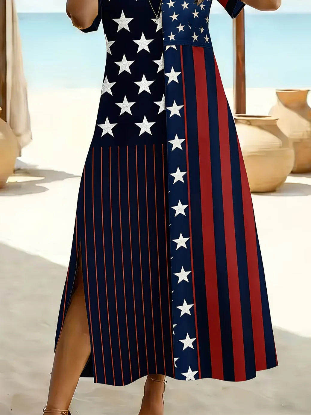 Women's Independence Day American Flag Print Crew Neck Casual Maxi Dress