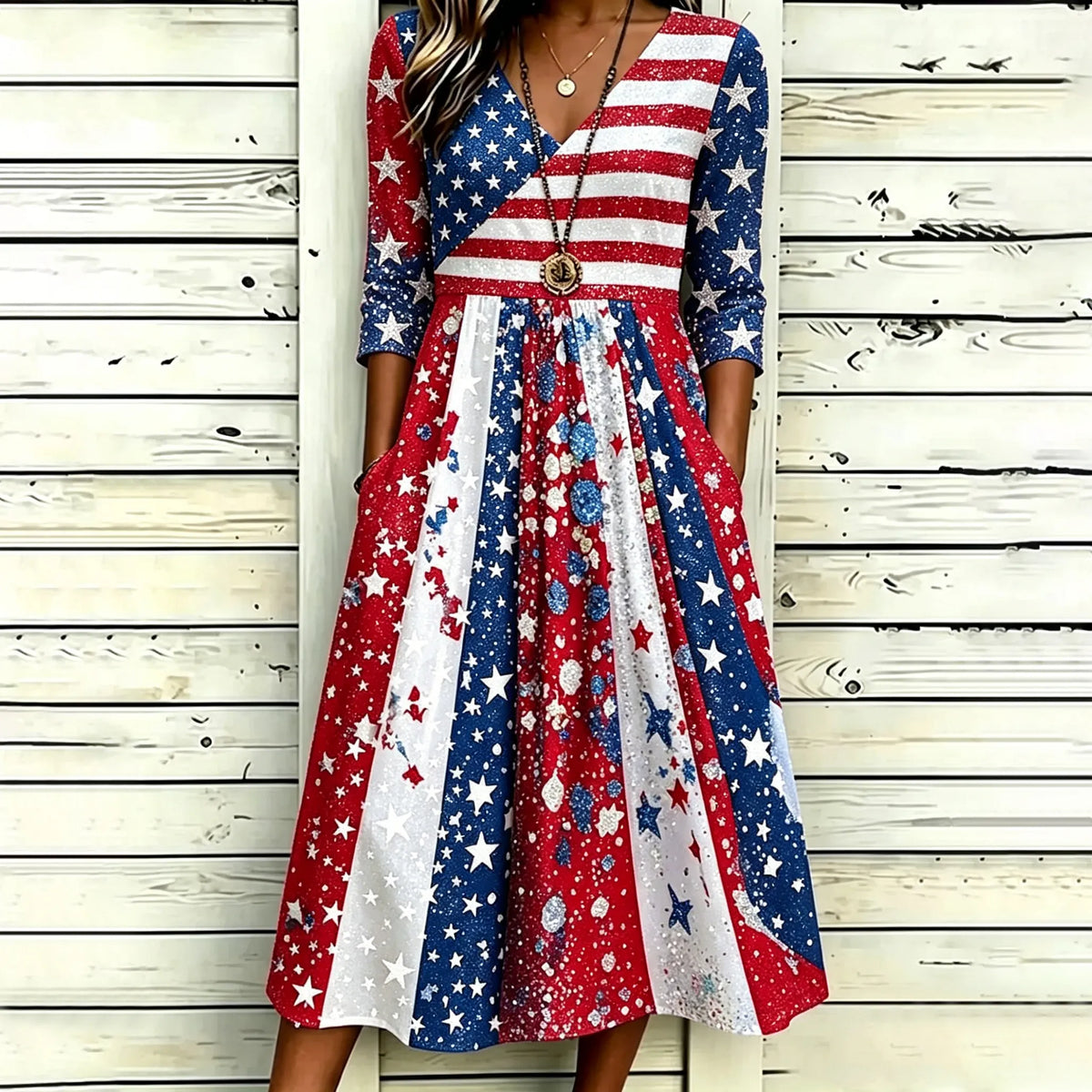 Women's Independence Day Lace Floral Casual V-Neck Midi Dress
