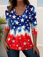 Women's Independence Day American Flag Print V-Neck Long Sleeve T-Shirt