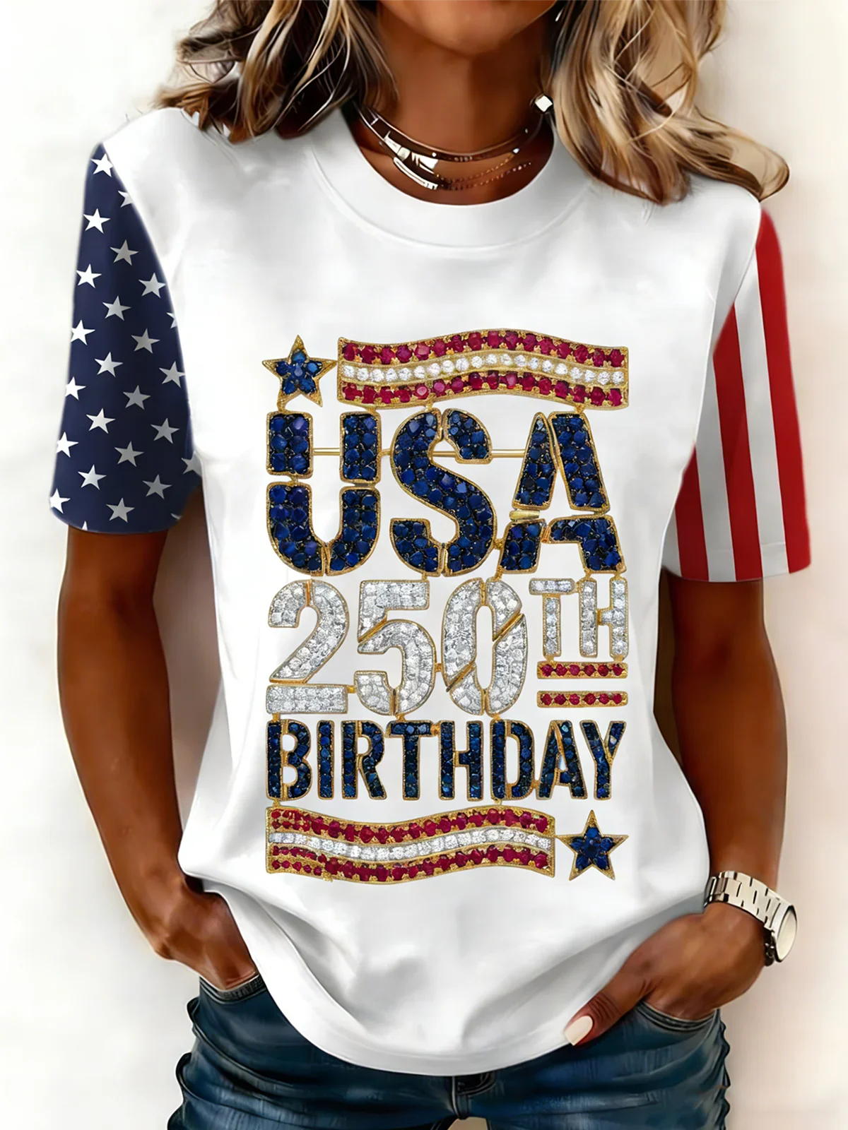 USA 250th Birthday American Flag Print Crew Neck Short Sleeve T-Shirt