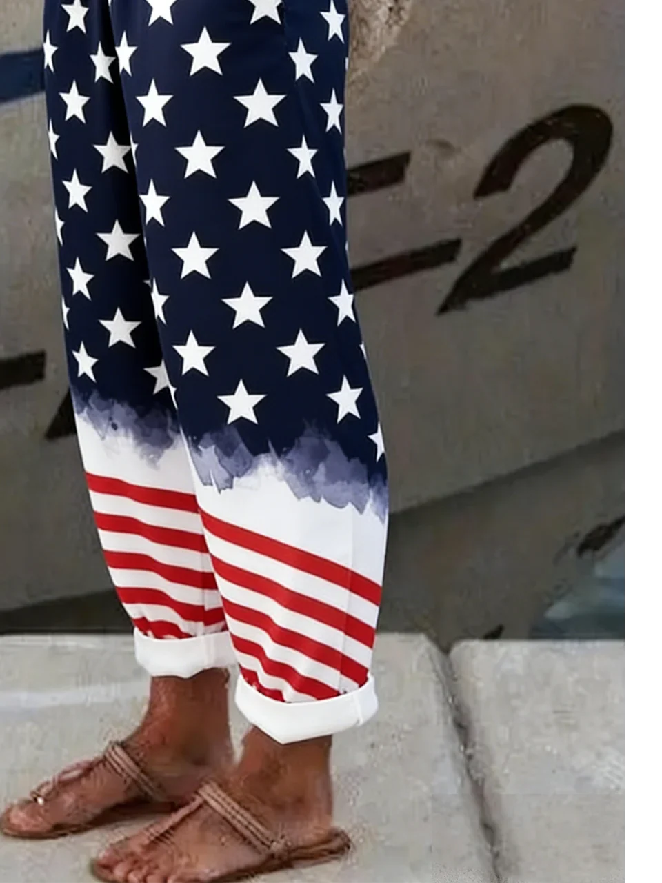 American Flag Print Linen Blend Loose Straight Pants
