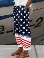 American Flag Print Linen Blend Loose Straight Pants