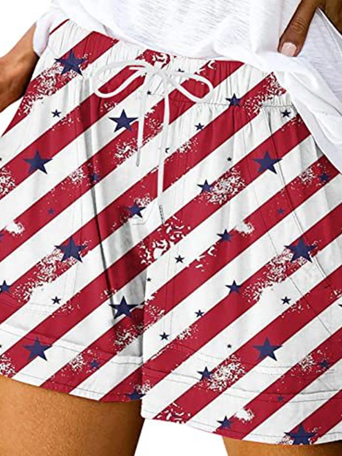 Vintage American Flag Print High-Waisted Drawstring Casual Shorts