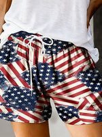 Vintage American Flag Print High-Waisted Drawstring Casual Shorts