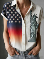 Vintage American Flag & Patriotic Print Sleeveless Button-Up Shirt