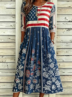 Women American Flag Floral Print Summer Dress Crew Neck Half Sleeve A-Line Dress