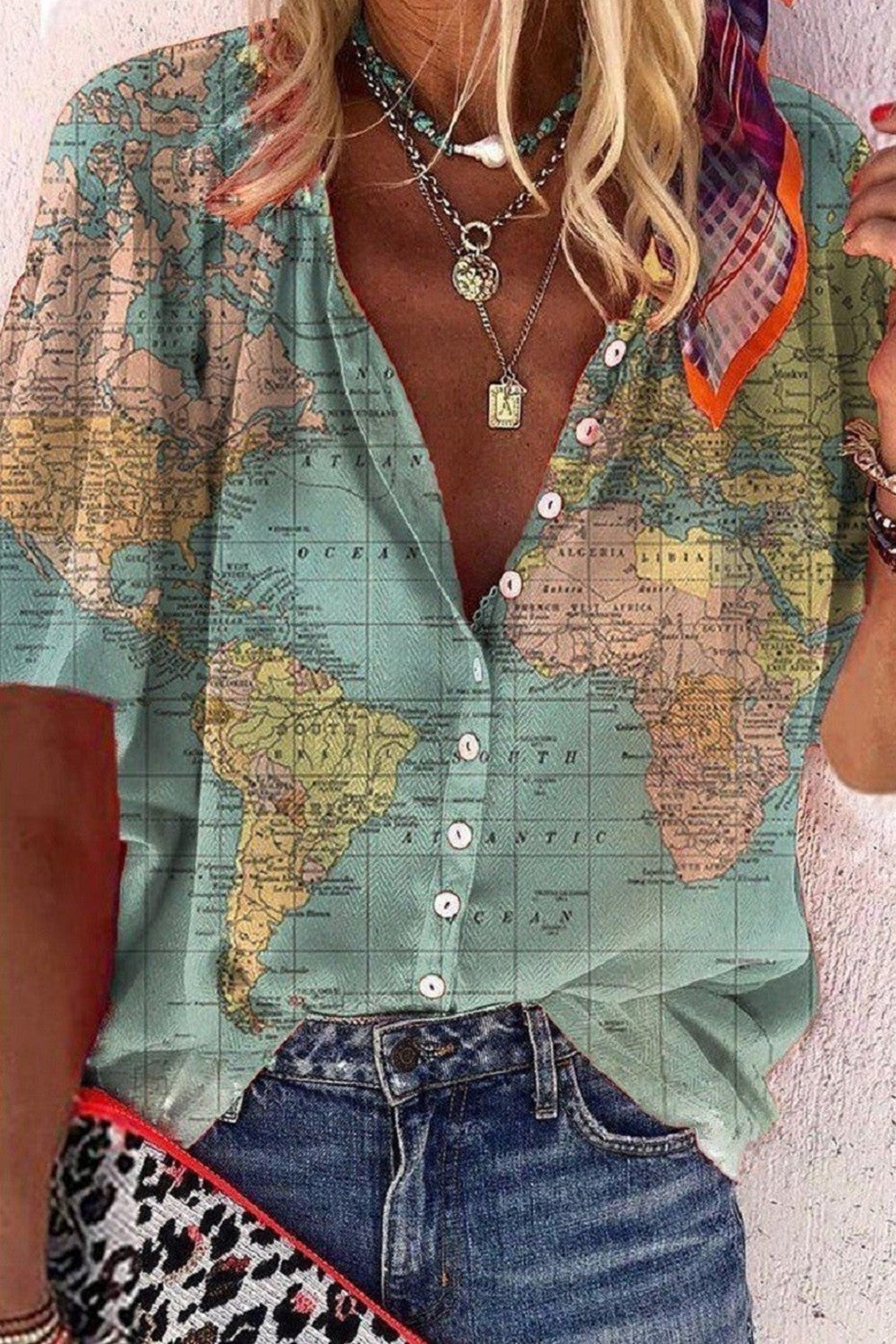Green V Neck Print Short Sleeves Casual Blouses