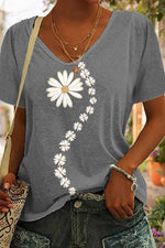 Loose V Neck Casual Floral Print Short Sleeves T-Shirt